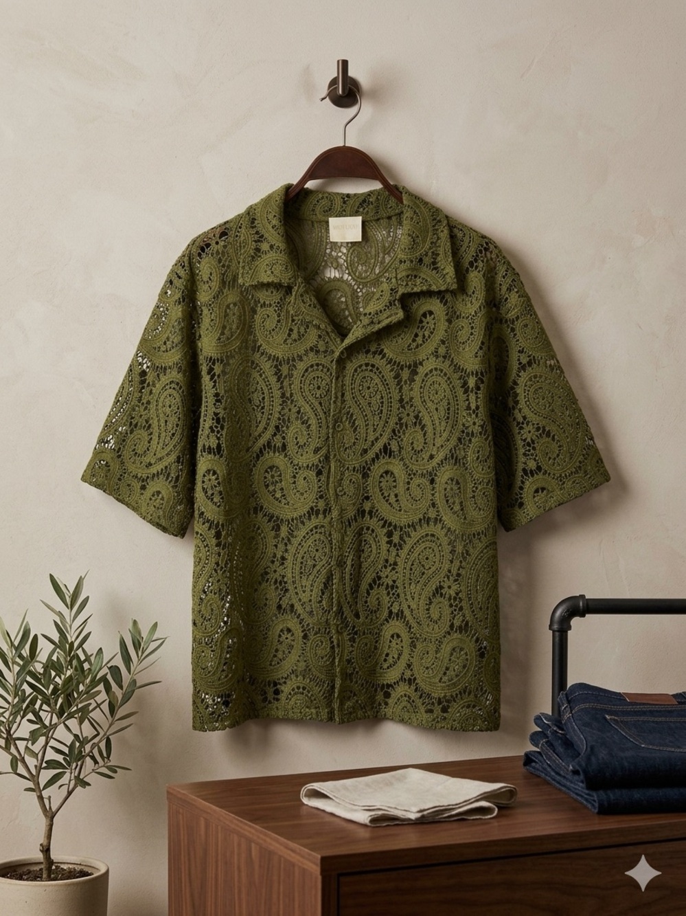Nostalgia Olive Green Crochet Button-Down Shirt